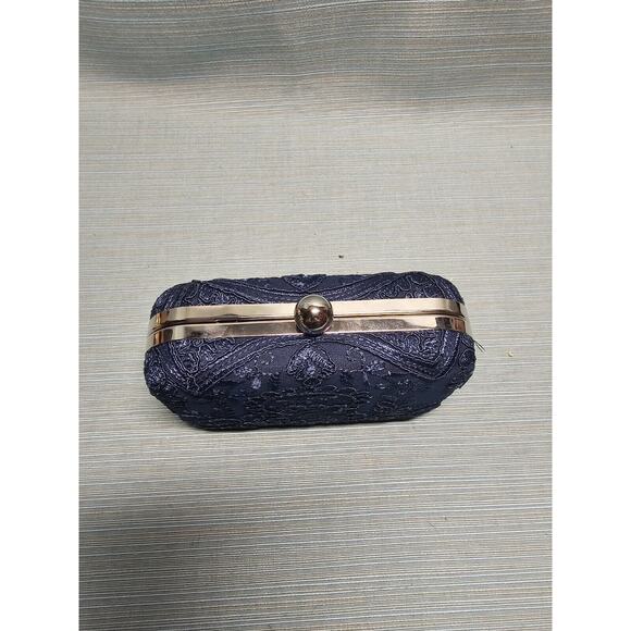 Free People Chi Chi London Navy Blue Embroidered Clutch Purse Metal NWOT - Picture 2 of 5